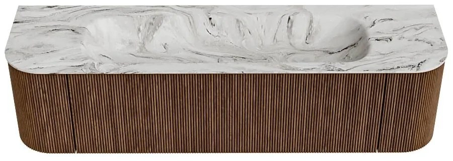 Mondiaz Kurve-dlux 170cm badmeubel ronding links/rechts walnut met 1 lade en 2 deuren en wastafel big large midden 1 kraangat glace