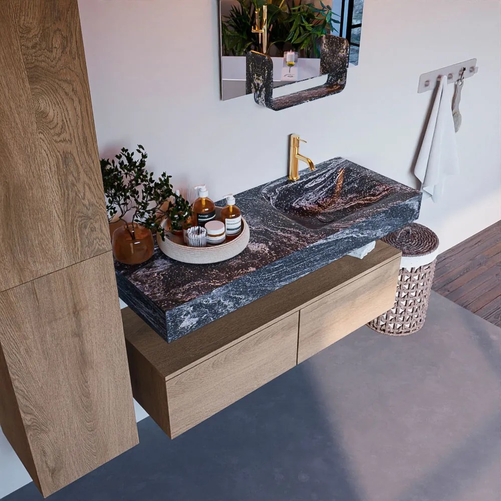 Mondiaz Alan DLux badmeubel 120cm washed oak 2 lades met wastafel lava rechts 1 kraangat