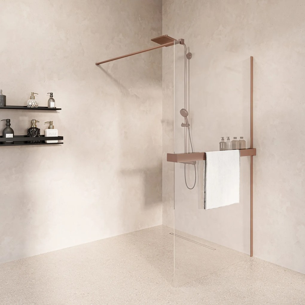 Saniclear Metric inloopdouche 120cm met handdoekhouder en helder glas geborsteld koper