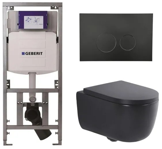 QeramiQ Dely Swirl Toiletset - 36.3x51.7cm - Geberit UP320 inbouwreservoir - met Burda frame - 35mm zitting - mat zwarte metalen bedieningsplaat - ronde knoppen - mat zwart 0701131/SW706192/SW1000769/SW1026258