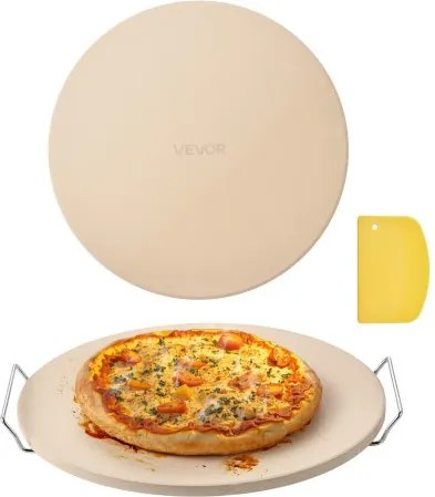 VEVOR Pizzasteen Baksteen 406 x 406 mm, Ronde Cordieriet Pizzasteen, Extra Grote Steenplaat met Schraper &amp; Standaard, 17 mm Dik, Hittebestendig, voor Keukenoven, Broodbakken, Pizzabakken en Grillen