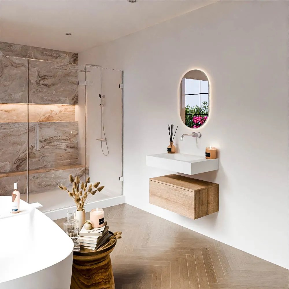 Zaro Alan badmeubel 70cm washed oak 1 lade met vrijhangende wastafel cloud midden zonder kraangat talc