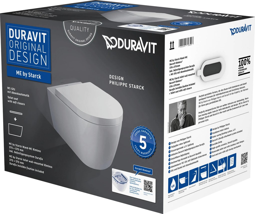 Duravit ME by Starck randloos hangtoilet inclusief toiletbril 37x57x35,5cm Wit