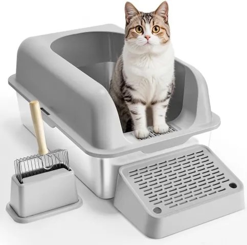 VEVOR kattenbak, 15 cm diep, extra grote kattenbak van roestvrij staal met schepje, brede filterbodem en hoge zijkanten, gesloten, geurloos, gemakkelijk schoon te maken kattenbak, geschikt voor grote katten