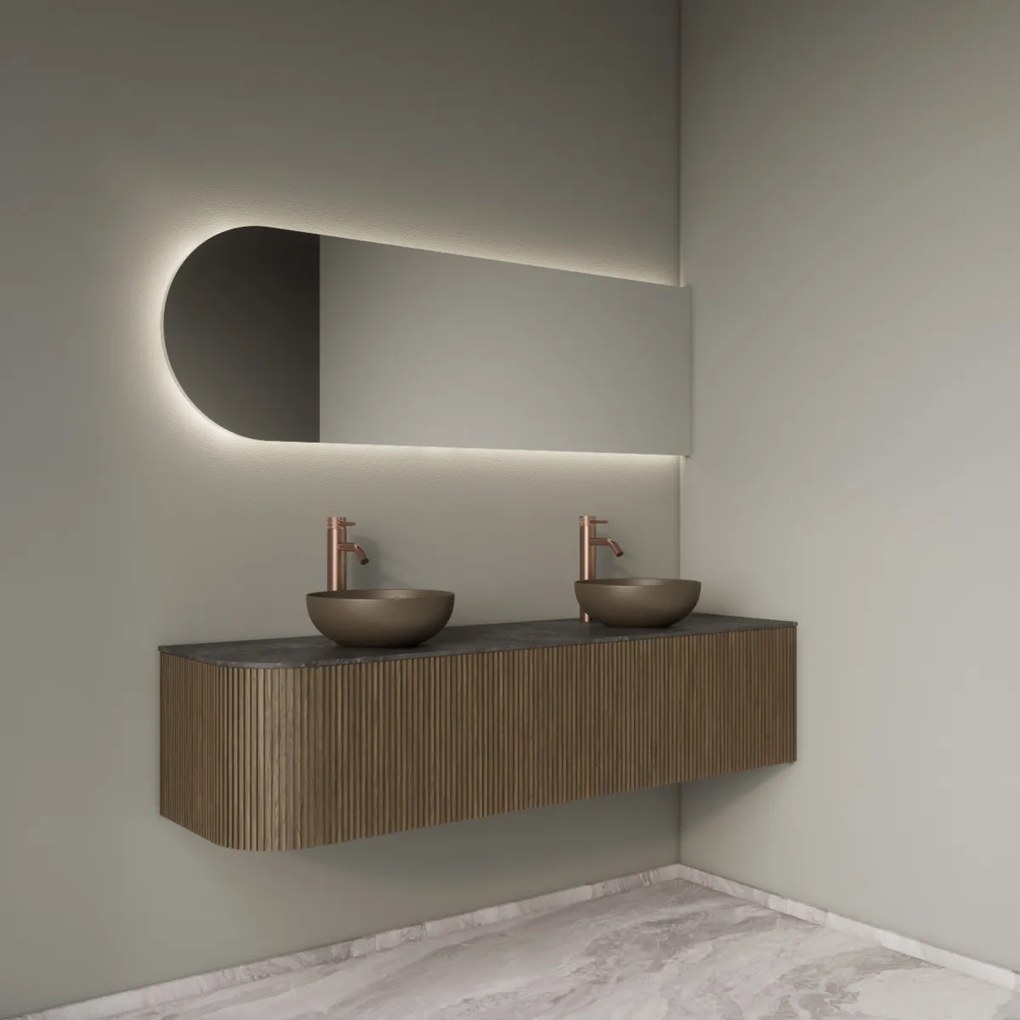 Gliss Design Alluro badmeubel ribbelfront met ronding links 160cm ash grey en zwart leisteen toppaneel