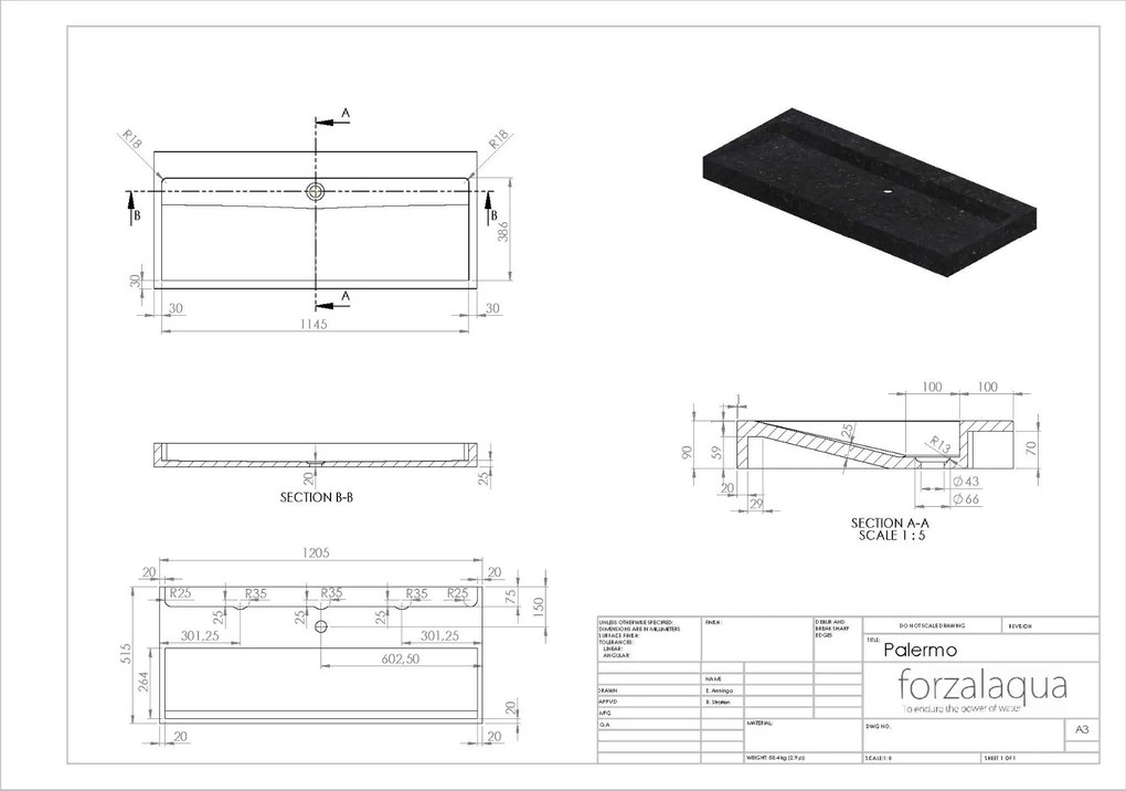 Forzalaqua Palermo wastafel 120x50cm zonder kraangat carrara gepolijst