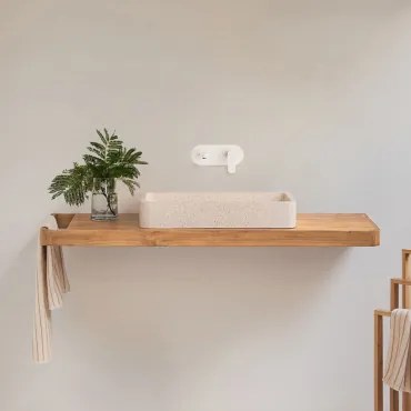 Conjunto Van Meubel 130x45 Cm Hangend In Teakhout Neill Teakhout & Rechthoekig Wit Cement 60x30 Cm Ronald & Spiegelloze & Wit Ingebed Met Aftapkraan -