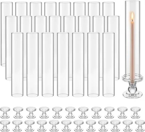 VEVOR 24-delige glazen cilinderset voor kaarsen, stormlantaarns 60x390mm, kaarsenglazen van borosilicaatglas, bodemloze kaarsenkappen met kandelaars, kaarsenhouderhoezen voor bruiloften en Kerstmis