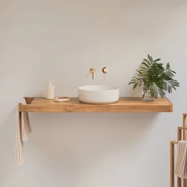 Conjunto Van Meubel 130x45 Cm Hangend In Teakhout Neill Teakhout & Rond Keramiek Wit Ø40 Cm Lenka & Spiegelloze & Goud Ingebed Met Aftapkraan - Sklum