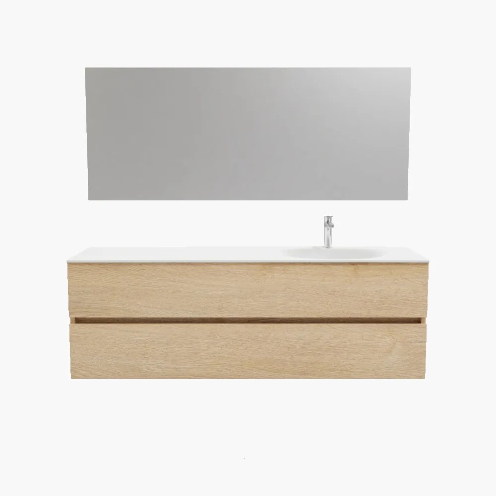 Zaro Sevilla Solid Surface badmeubel 150cm licht eiken 1 kraangat spoelbak rechts met 2 lades