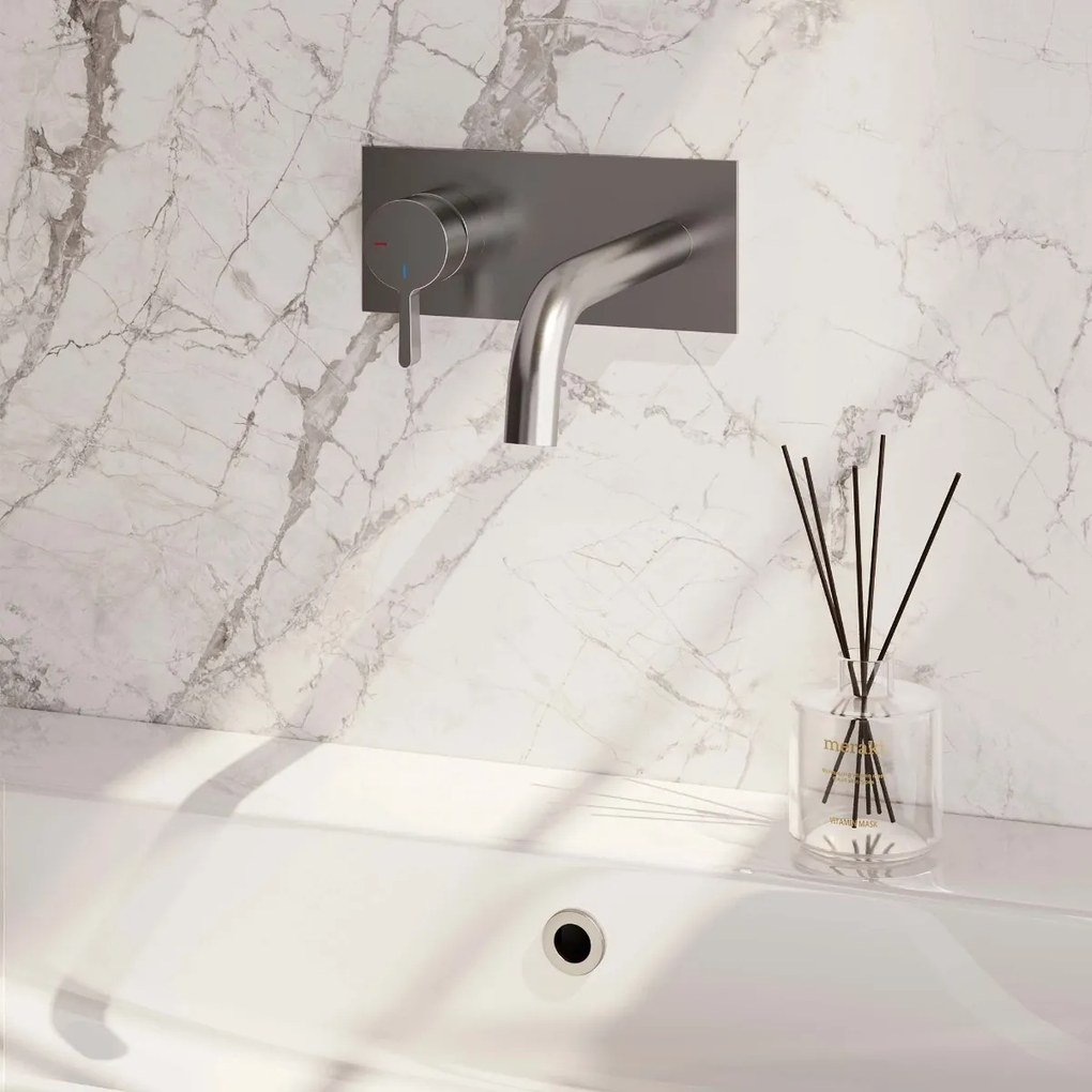 Brauer Brushed Edition ColdStart wastafelkraan inbouw gebogen uitloop met achterplaat model E2 RVS geborsteld PVD