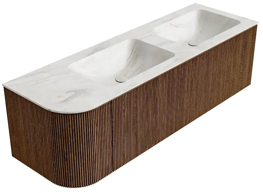 Mondiaz Kurve-dlux 145cm badmeubel ronding links walnut met 1 lade en deur en wastafel leaf dubbel/rechts zonder kraangat ostra