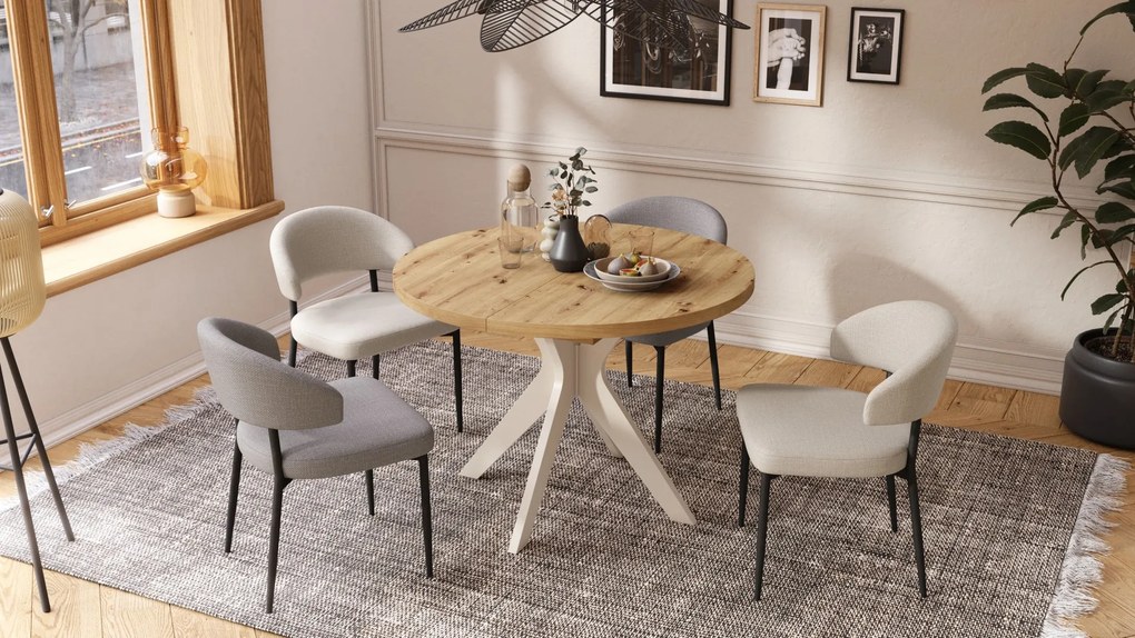 RENZO Artisan Eiken/beige poot (Champagne) - RONDE TAFEL Ø110 UITKLAPBAAR TOT 180 cm |VOOR DE KEUKEN EETKAMER WOONKAMER RETRO
