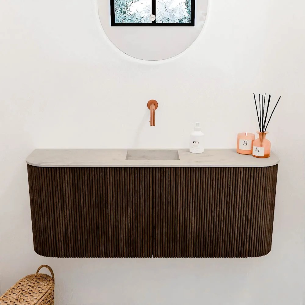 Mondiaz Joya DLux 105cm toiletmeubel ronding links/rechts walnut met wastafel faye midden zonder kraangat opalo