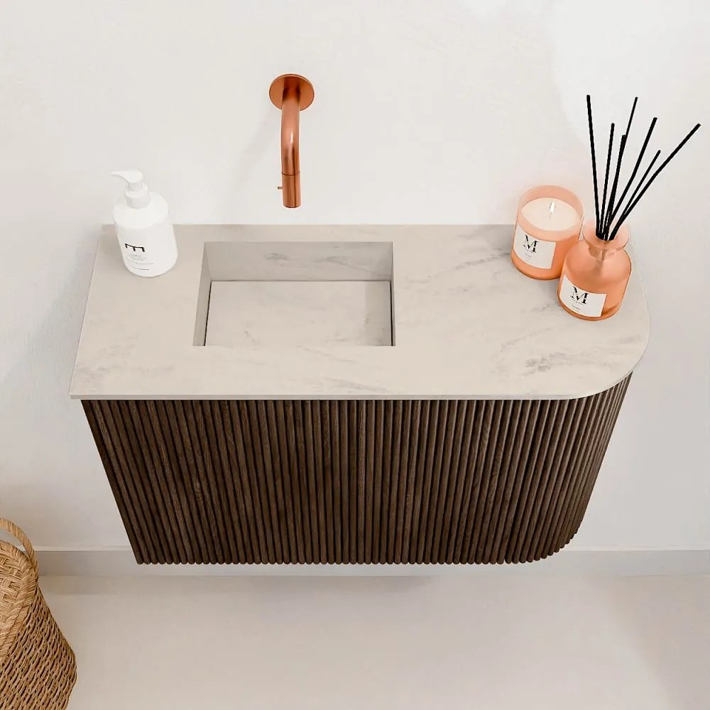 Mondiaz Joya DLux 60cm toiletmeubel ronding rechts walnut met wastafel faye links zonder kraangat opalo