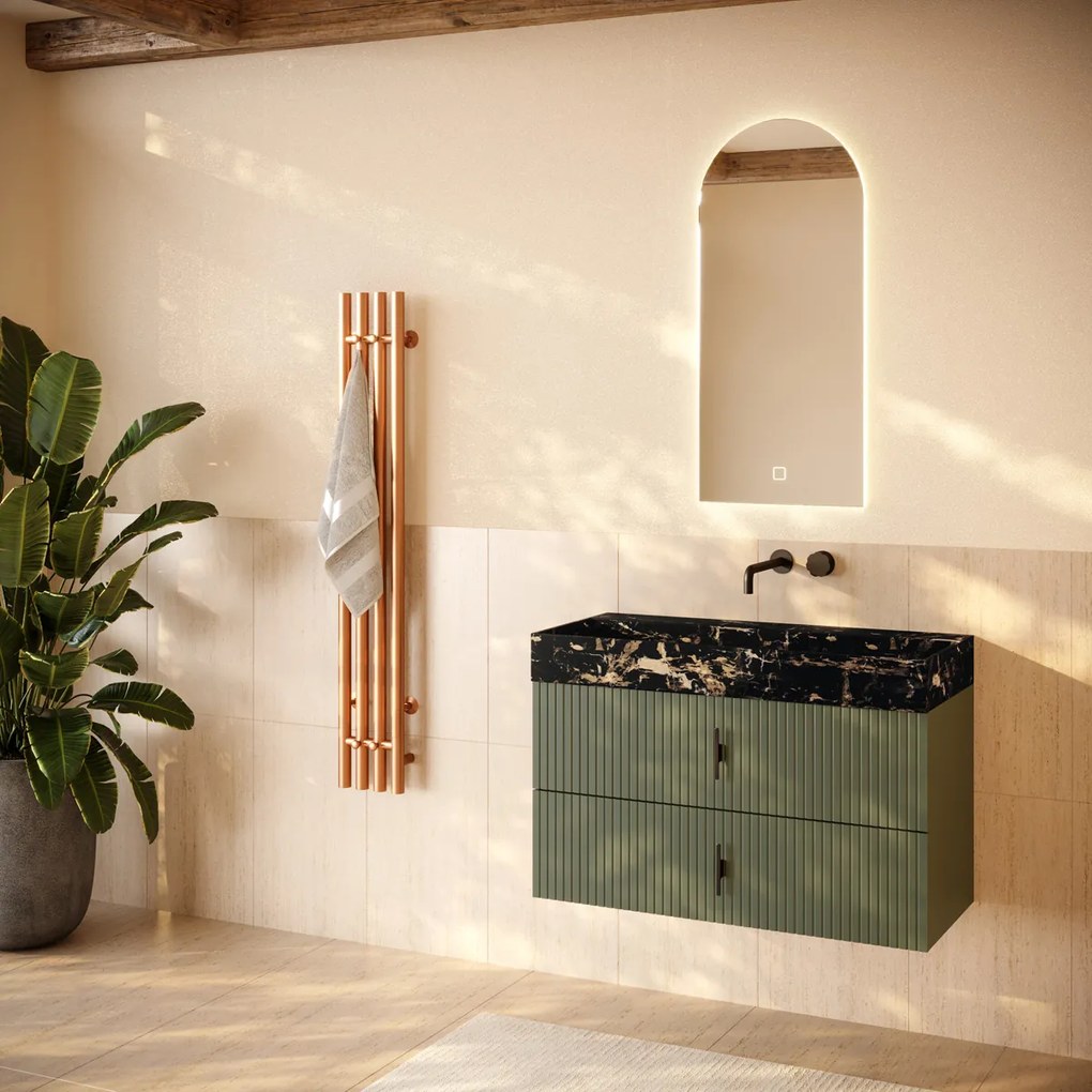 Muebles Murcia badmeubel ribbelfront 100cm legergroen met Portoro Gold wastafel zonder kraangat