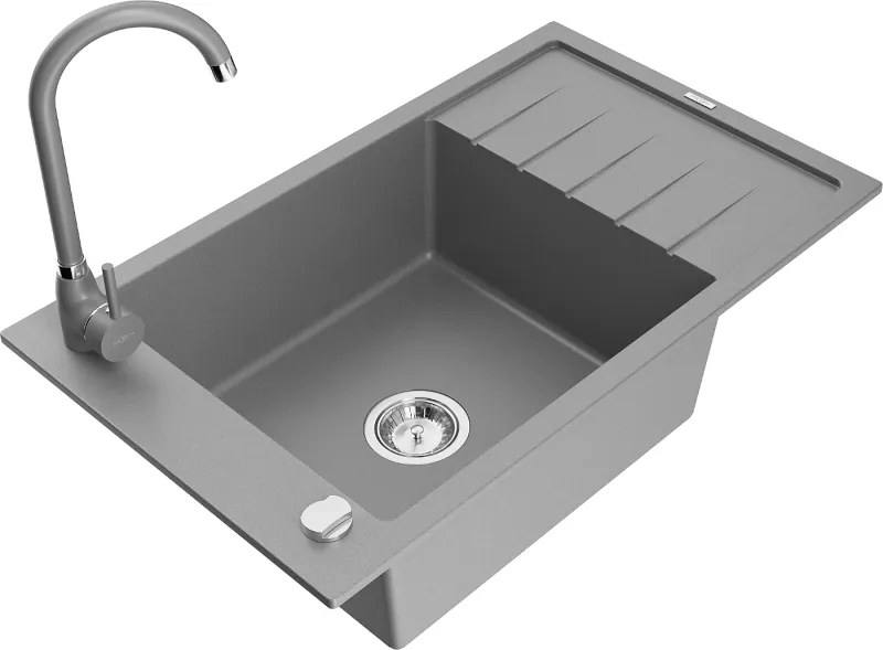 Mexen Elias enkele granieten gootsteen met afdruiprek en keukenmengkraan Telma, grijs - 6511-71-670200-71