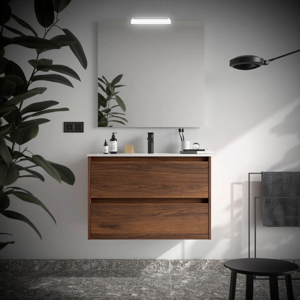 Muebles Project badmeubel 90cm met 2 lades en wastafel walnoot