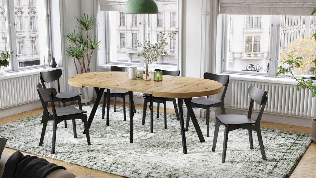 EXPANSO Eik Artisan/zwarte poten - GROTE RONDE TAFEL Ø110 UITBREIDBAAR TOT 310 cm met Y-POTEN LOFT/INDUSTRIAL