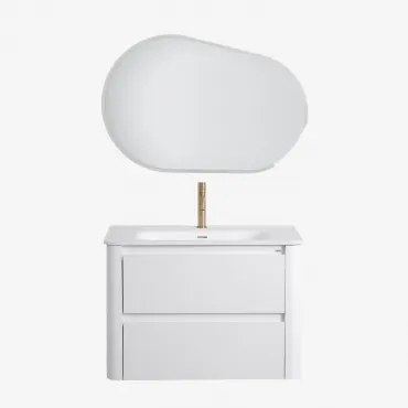 Badkamermeubelset In Hout Met Geïntegreerde Wastafel Egerton Wit & Ovaal Led En Anticondens 100x65 Cm Meunier & Goud ↑20 Cm - Sklum