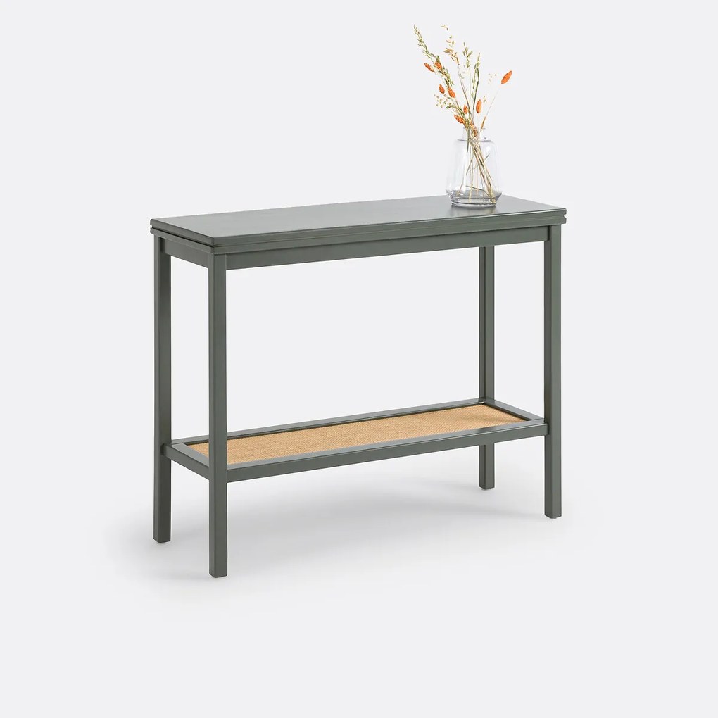 Consoletafel met dubbel blad, massief grenen en riet, lengte 102 cm, GABIN