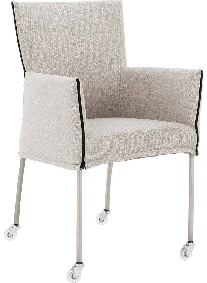 Goossens Eetkamerstoel Funk RVS Poten lichtgrijs stof met armleuning en Transparant skater wiel met rvs kapmet wielen, modern design