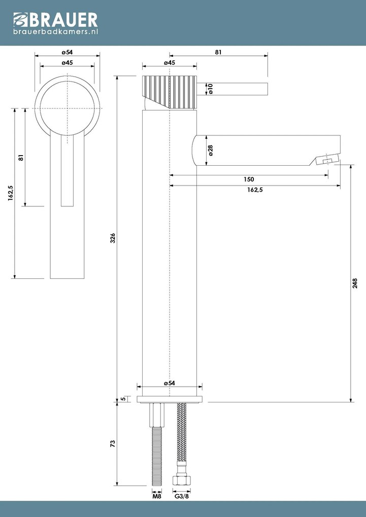 Brauer Stripe verhoogde wastafelkraan model A met ColdStart messing geborsteld PVD