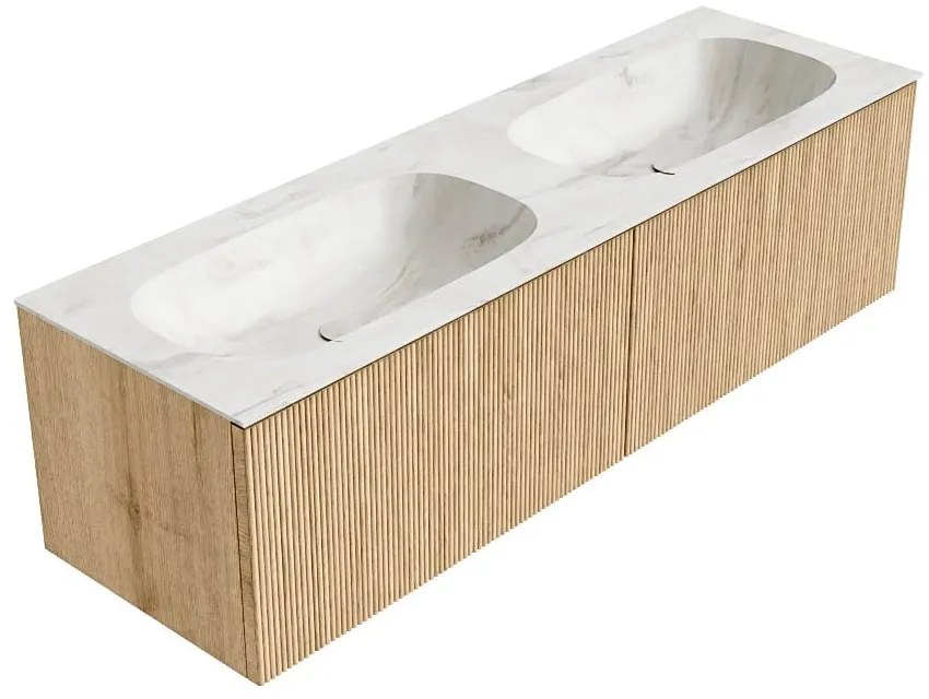 Mondiaz Kurve-dlux 150cm badmeubel oak met 2 lades en wastafel stor small dubbel 2 kraangaten ostra