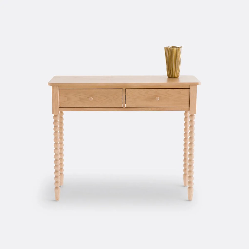 Wandtafel in essenhout, 2 lades, gedraaide poten, Anina