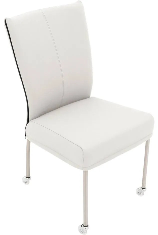 Goossens Eetkamerstoel Funk RVS Poten wit leer leuning en Transparant skater wiel met rvs kapmet wielen, modern design