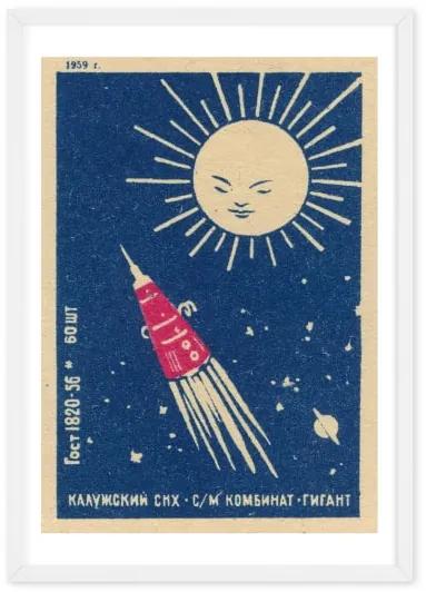 Rocket Vintage Space, ingelijste print, A1, donkerblauw, rood en zwart zwart