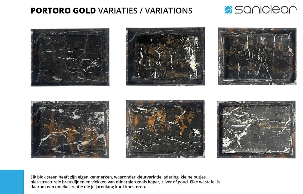 Fontana Portoro Gold marmer badmeubel 120cm mat zwart met ribbelfront en toppaneel met ronde waskommen