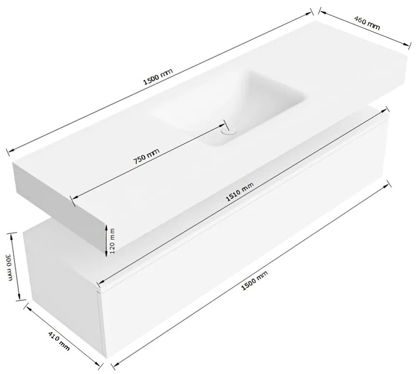 Zaro Alan badmeubel 150cm sand met 1 lade en vrijhangende wastafel midden met kraangat wit mat