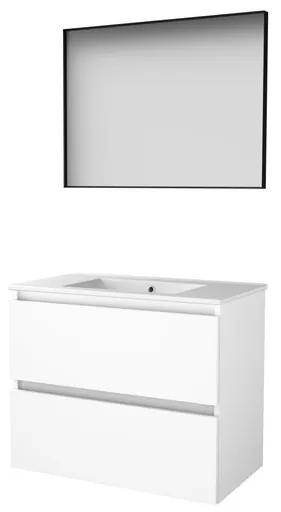 Basic-Line Framed 46 badkamermeubelset - 80x46cm - greeploos - 2 lades - porseleinen wastafel - 1 kraangat - Spiegel - mat zwart aluminium frame - rondom - MDF lak Ice White 1813714