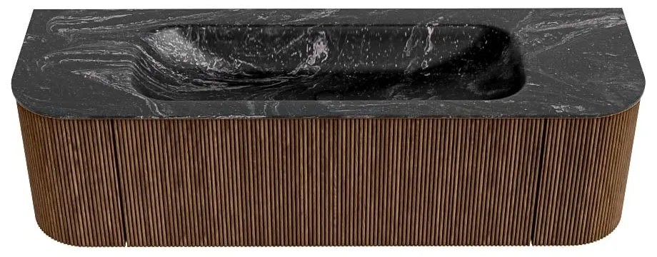 Mondiaz Kurve-dlux 150cm badmeubel ronding links/rechts walnut met 1 lade en 2 deuren en wastafel big medium midden zonder kraangat lava