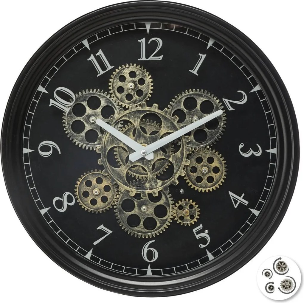 Atmosphera wandklok 'Meca' - Luxe metal - Diameter 38 cm - Met draaiende tandwielen - Zwart