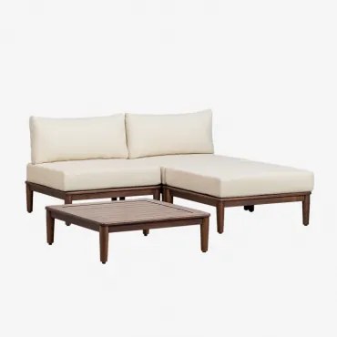 Woonkamer Set Met 2-delige Modulaire Bank, Salontafel En Poef In Acacia Giulia Beige – Crème - Sklum
