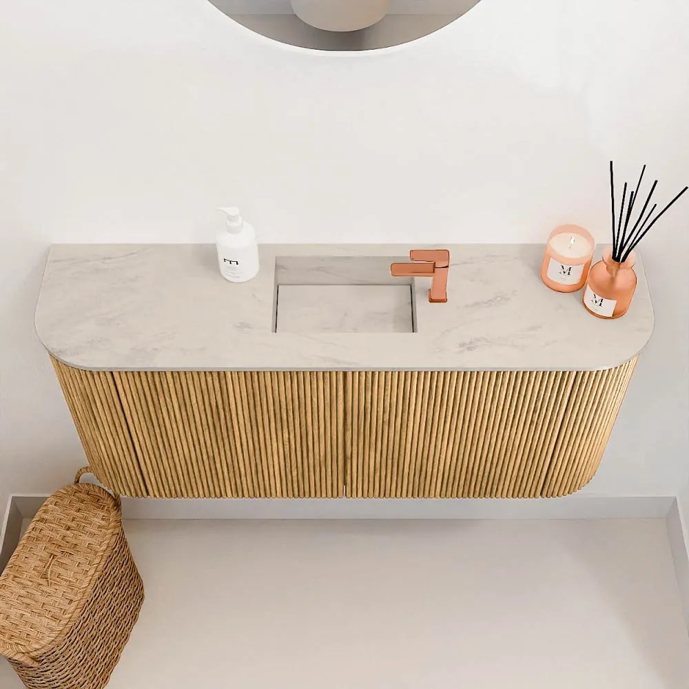 Mondiaz Joya DLux 95cm toiletmeubel ronding links/rechts oak met wastafel faye midden 1 kraangat opalo