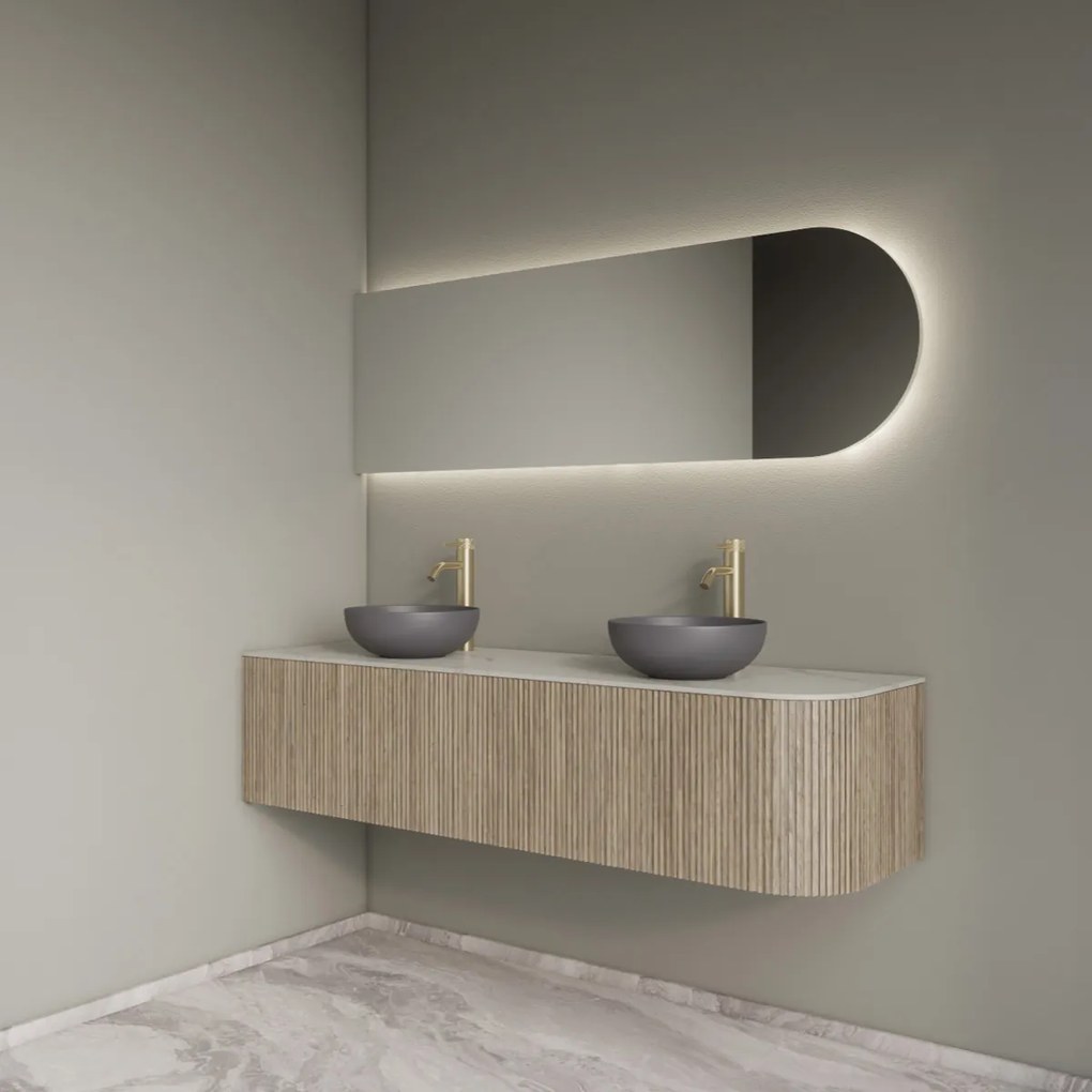 Gliss Design Alluro badmeubel ribbelfront met ronding rechts 160cm corn silk en wit marmer toppaneel