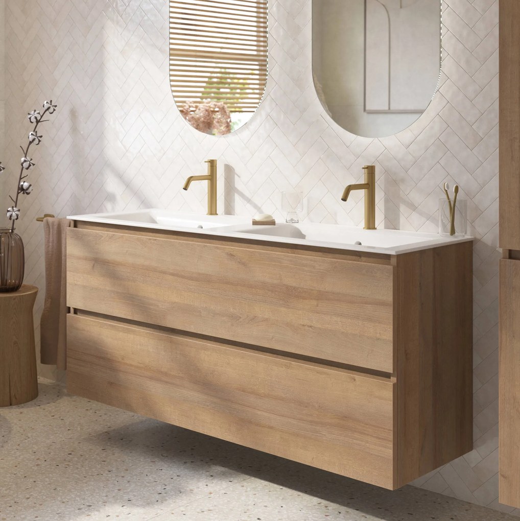 Saqu Terra badmeubel incl. dubbele glans witte keramische wastafel 141x46x66cm denver eiken