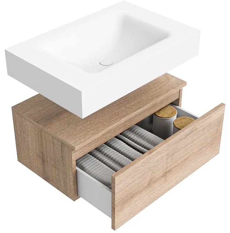 Zaro Alan badmeubel 70cm washed oak 1 lade met vrijhangende wastafel cloud midden zonder kraangat talc