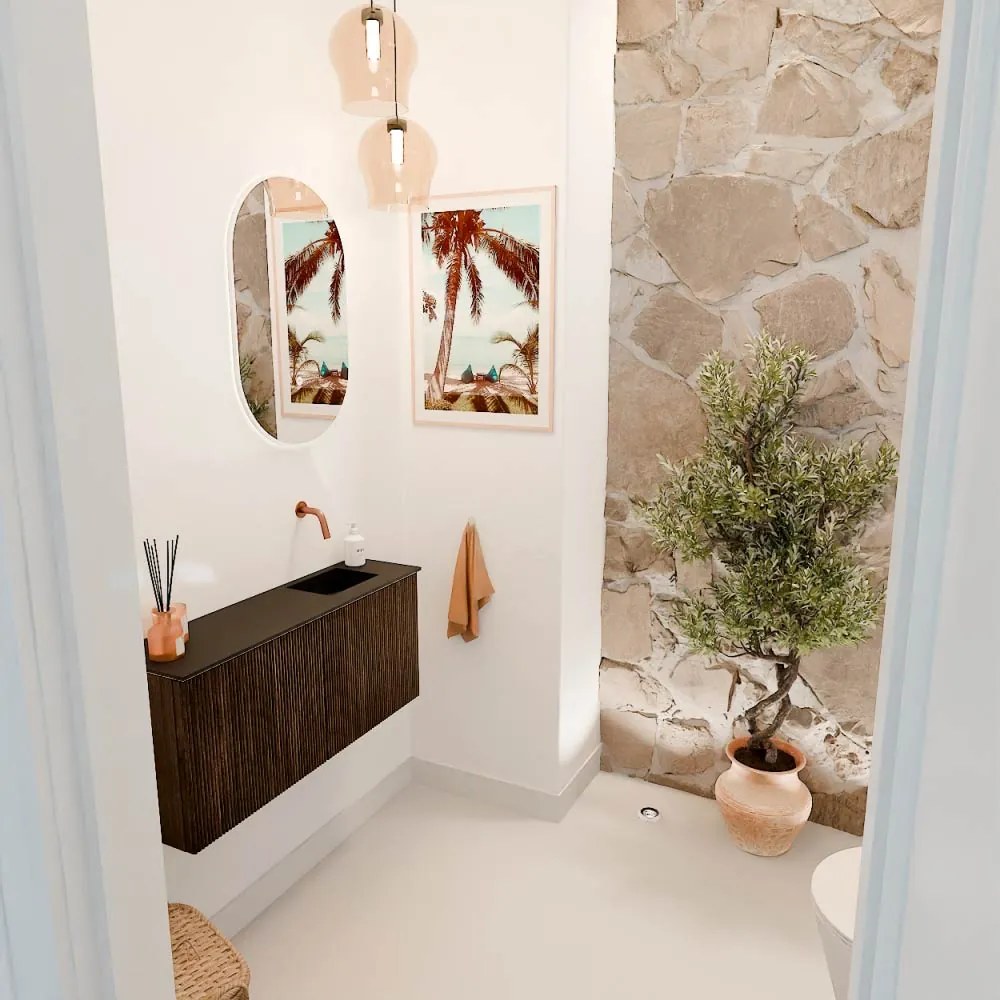 Mondiaz Joya 90cm toiletmeubel walnut met wastafel faye rechts zonder kraangat urban