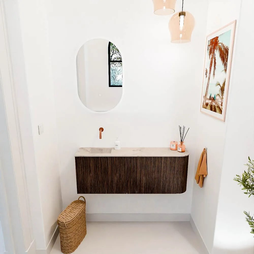Mondiaz Joya DLux 110cm toiletmeubel ronding rechts walnut met wastafel faye links zonder kraangat frappe
