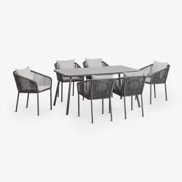Rechthoekige Eettafelset 160x90 Cm Met 6 Eetkamerstoelen Van Gevlochten Touw Arhiza Classic Grijs – Grafiet - Sklum