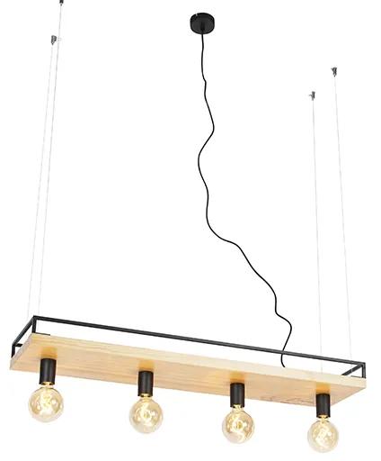 Eettafel / Eetkamer Industriële hanglamp zwart met hout 4-lichts - Shelf Industriele / Industrie / Industrial E27 Binnenverlichting Lamp