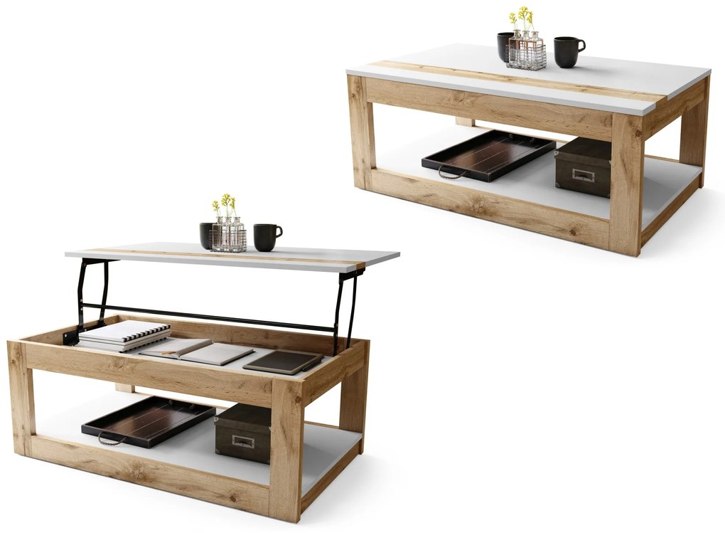 LUSSO Wit Mat/Wotan Eik - MODERNE SALONTAFEL MET VERHOOGD BLAD + OPBERGRUIMTE + SCHAP (OP WIELEN!)