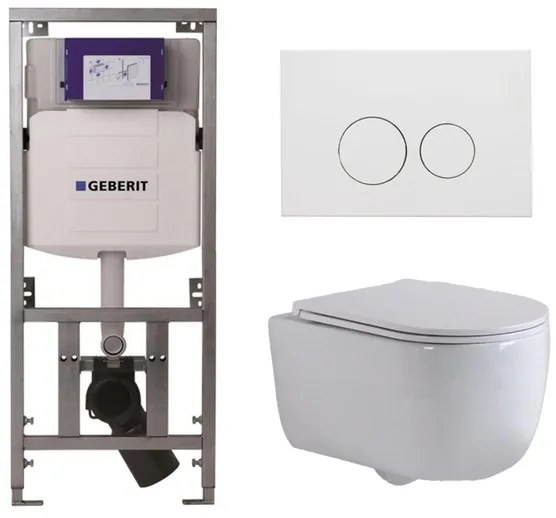 QeramiQ Dely Swirl Toiletset - 36.3x51.7cm - Geberit UP320 inbouwreservoir - met Burda frame - slim zitting - mat witte metalen bedieningsplaat - ronde knoppen - wit glans 0701131/SW706190/SW1000766/SW1026256