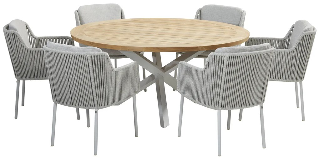 4 Seasons Outdoor Bernini eetset frozen met RVS Prado tafel teak blad Ø 160 cm  Tuinset    houtkleur weerbestendig