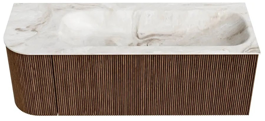 Mondiaz Kurve-dlux 125cm badmeubel ronding links walnut met 1 lade en deur en wastafel big medium rechts zonder kraangat frappe