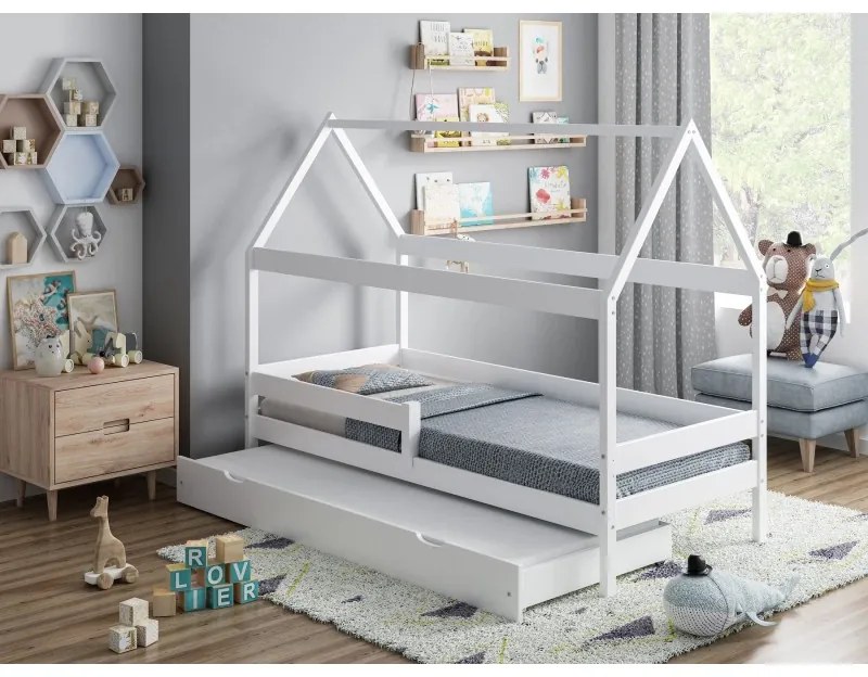 Peuter Wit Canopy Housevormig eenpersoonsbed met onderschuifbed